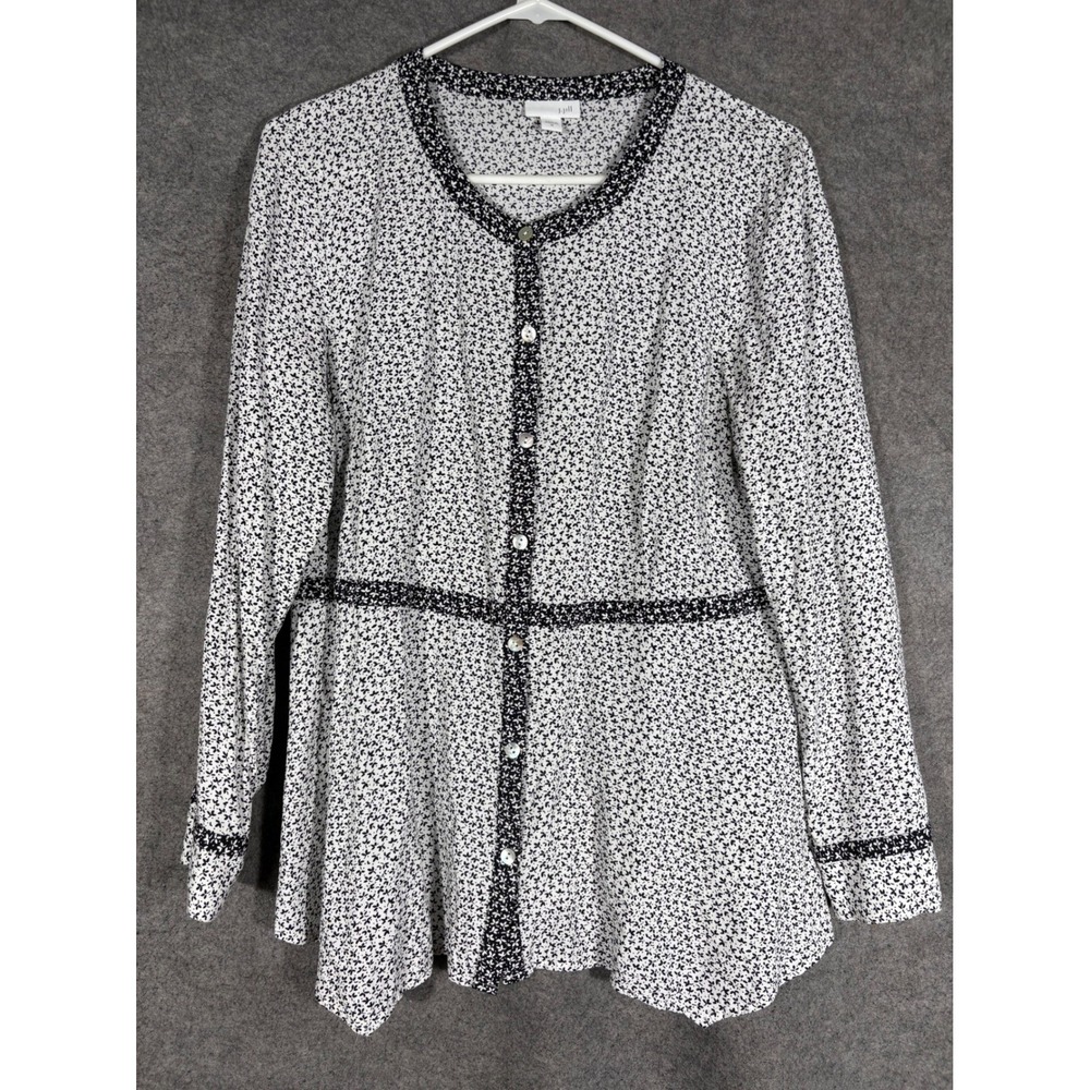 J. Jill Womens Black White Floral Rayon Button Up Tunic Blouse M‎ WTP103551